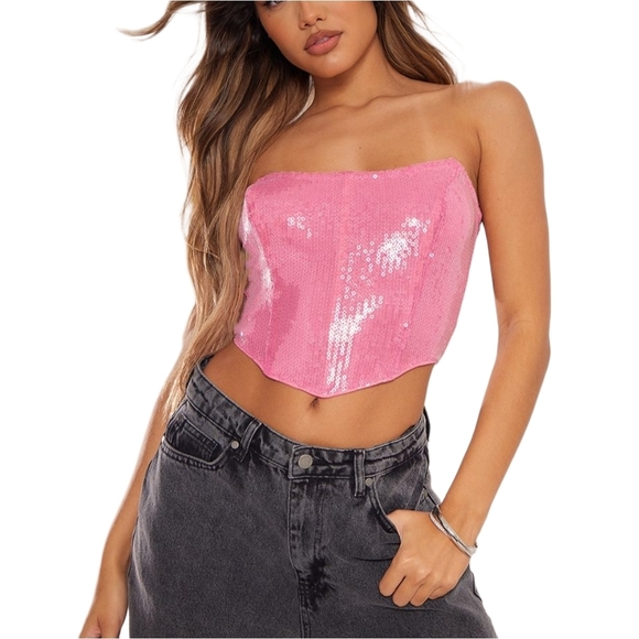 PrettyLittleThing Tops - Prettylittlething Hot Pink Sequin Boned Bandeau Corset Crop Top NWT Size 0